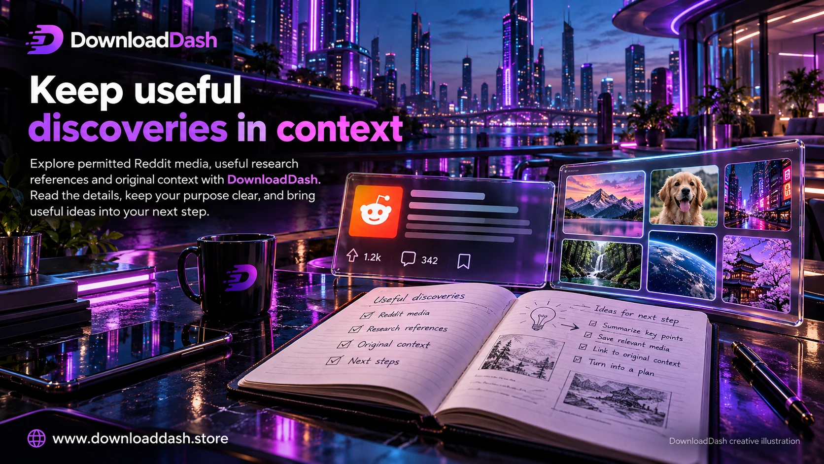 DownloadDash Reddit Downloader campaign illustration: Keep useful discoveries in context