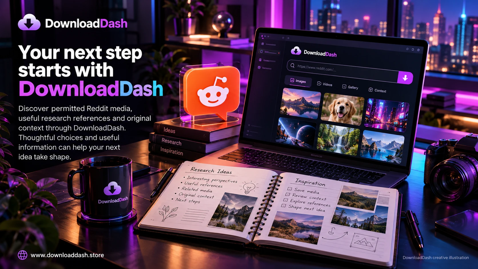 DownloadDash Reddit Downloader campaign illustration: Your next step starts with DownloadDash