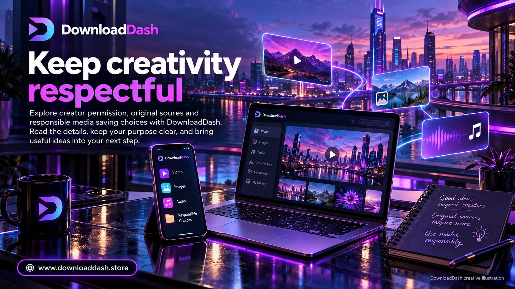 DownloadDash Responsible Use campaign illustration: Keep creativity respectful