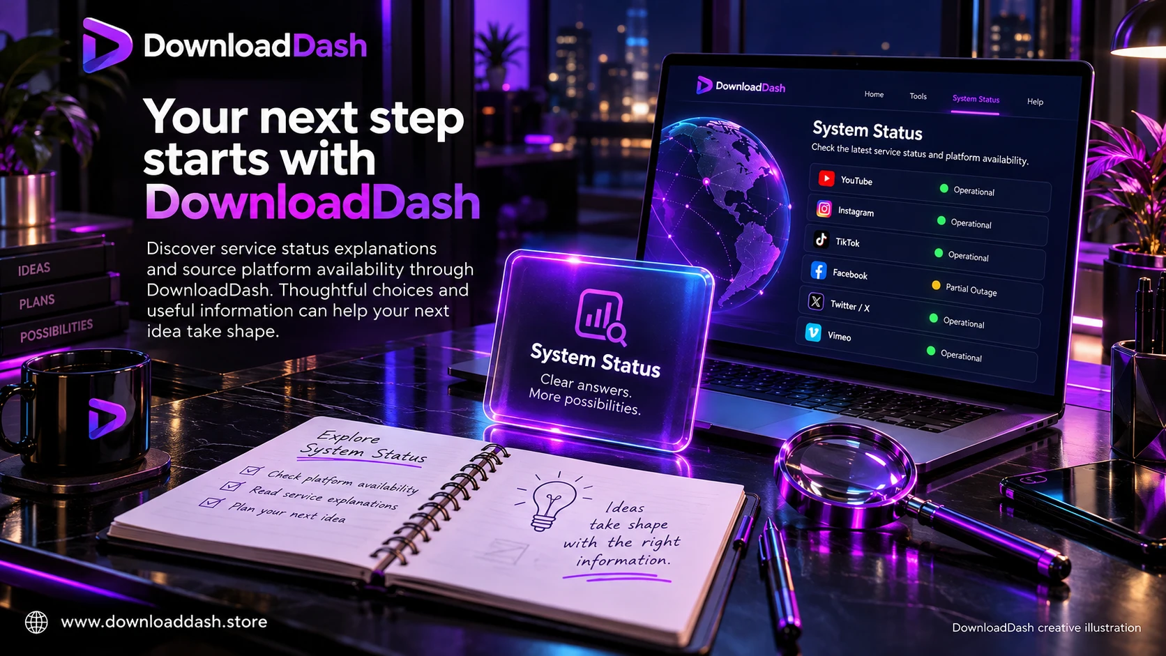DownloadDash System Status campaign illustration: Your next step starts with DownloadDash