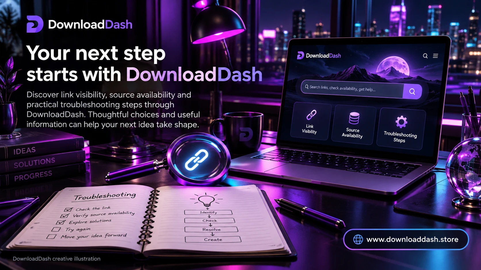 DownloadDash Troubleshooting campaign illustration: Your next step starts with DownloadDash