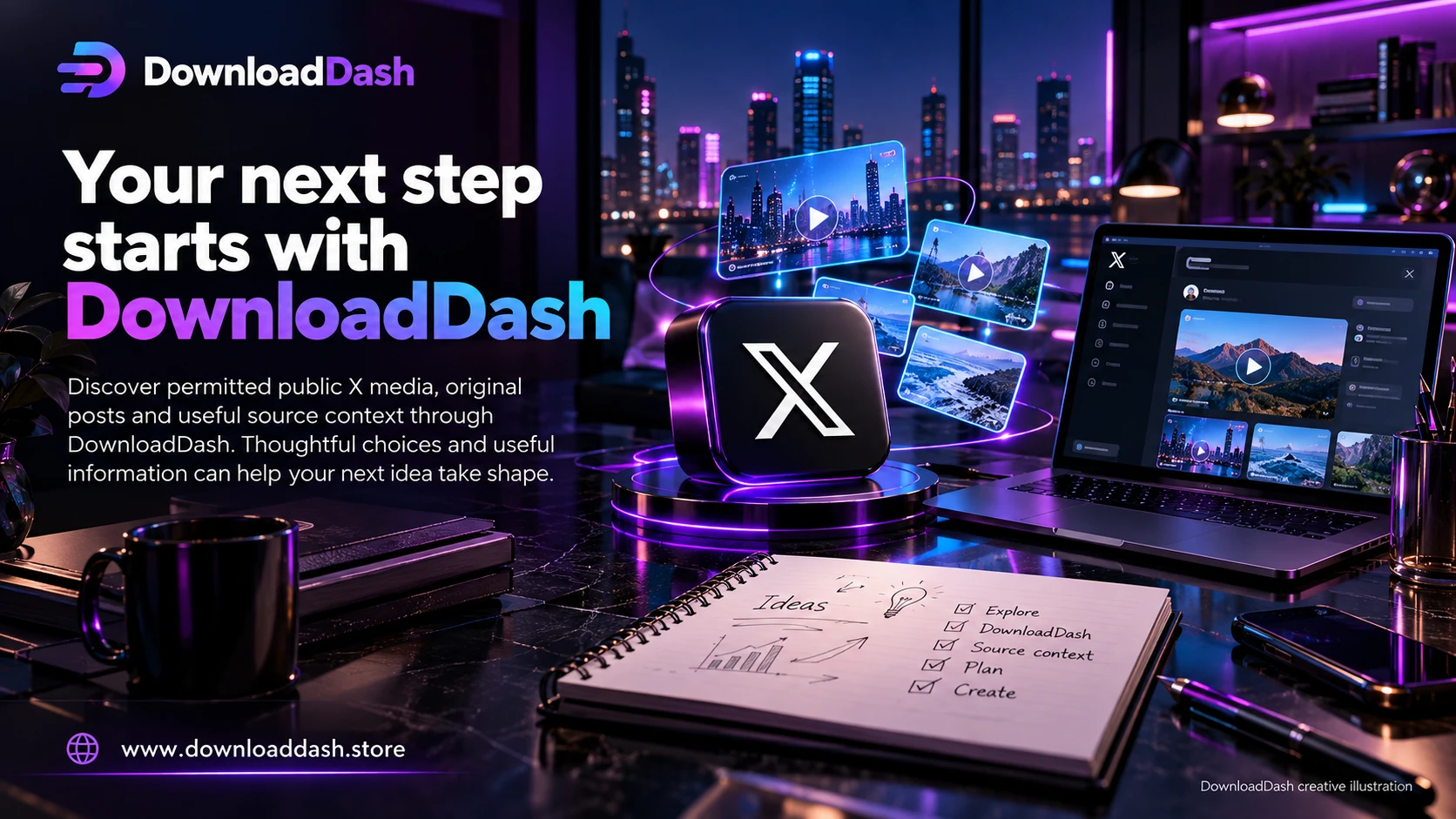 DownloadDash Twitter Downloader campaign illustration: Your next step starts with DownloadDash